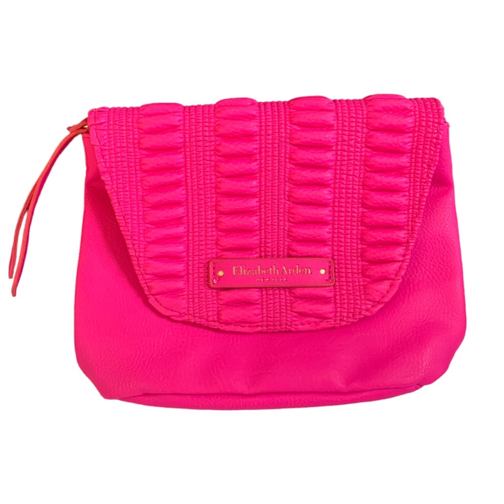 NEW Elizabeth Arden Hot Pink Cosmetic Pouch Faux Leather Basket Weave Bag